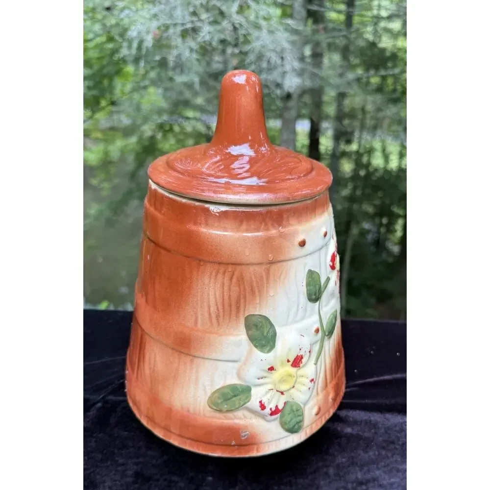Vintage McCoy Pottery Butter Churn Dogwood Floral Cookie Jar c 1940s Made in USA